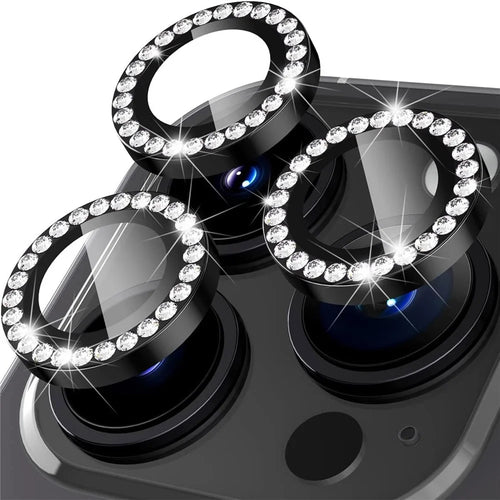 For iPhone 15 Pro / 15 Pro Max Camera Lens Protector Set Metal Rhinestone Ring Tempered Glass Lens Film - Black - 1