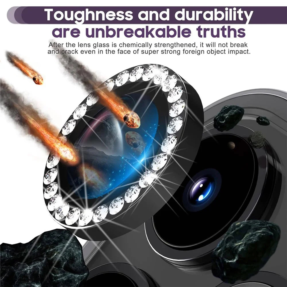 For iPhone 15 Pro / 15 Pro Max Camera Lens Protector Set Metal Rhinestone Ring Tempered Glass Lens Film - Black - 2