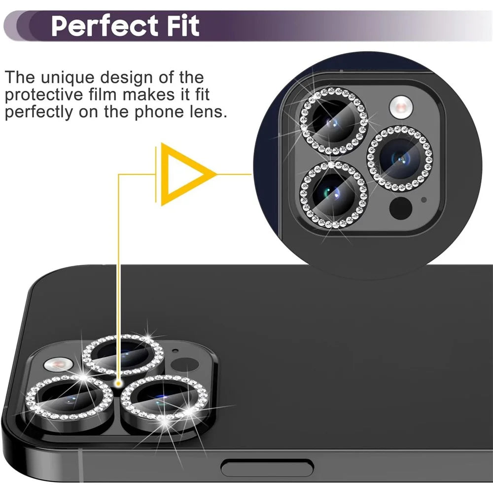 For iPhone 15 Pro / 15 Pro Max Camera Lens Protector Set Metal Rhinestone Ring Tempered Glass Lens Film - Black - 3