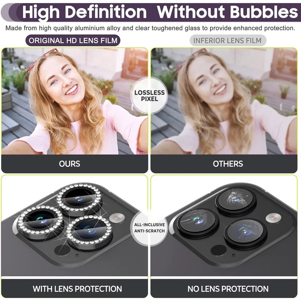 For iPhone 15 Pro / 15 Pro Max Camera Lens Protector Set Metal Rhinestone Ring Tempered Glass Lens Film - Black - 4