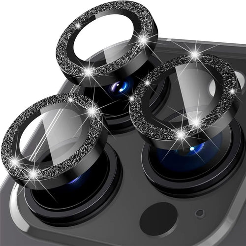 For iPhone 15 Pro / 15 Pro Max Ring Circle Lens Film Set Glitter Metal+Tempered Glass Camera Lens Protector - Black - 1