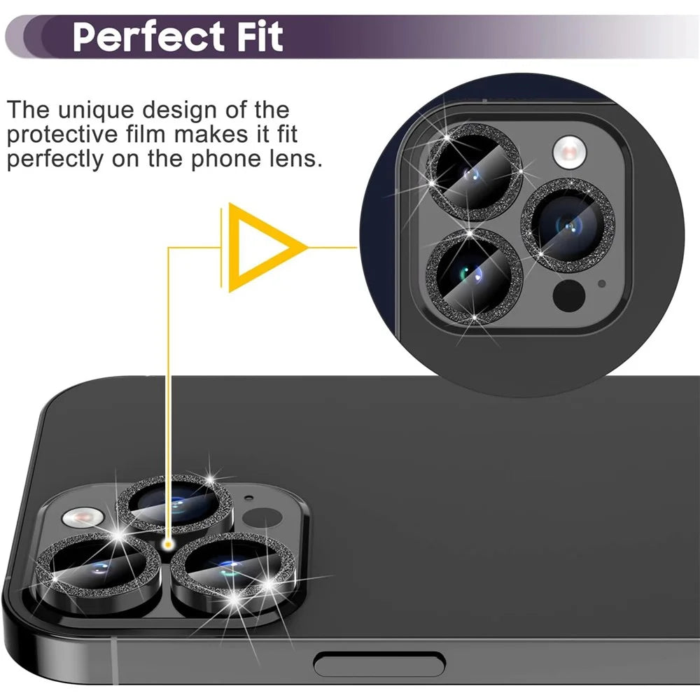 For iPhone 15 Pro / 15 Pro Max Ring Circle Lens Film Set Glitter Metal+Tempered Glass Camera Lens Protector - Black - 2