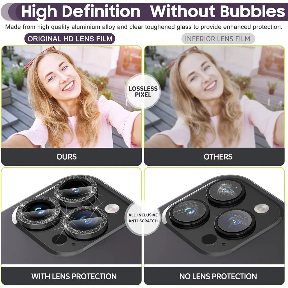 For iPhone 15 Pro / 15 Pro Max Ring Circle Lens Film Set Glitter Metal+Tempered Glass Camera Lens Protector - Black - 4