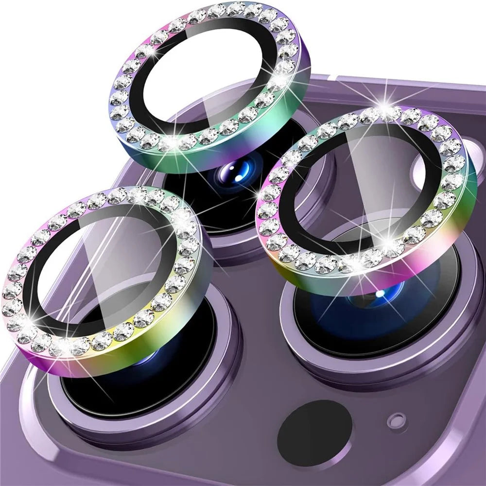 For iPhone 15 Pro / 15 Pro Max Rhinestone Camera Lens Protector Set Tempered Glass+Colorful Metal Ring Lens Film - 1