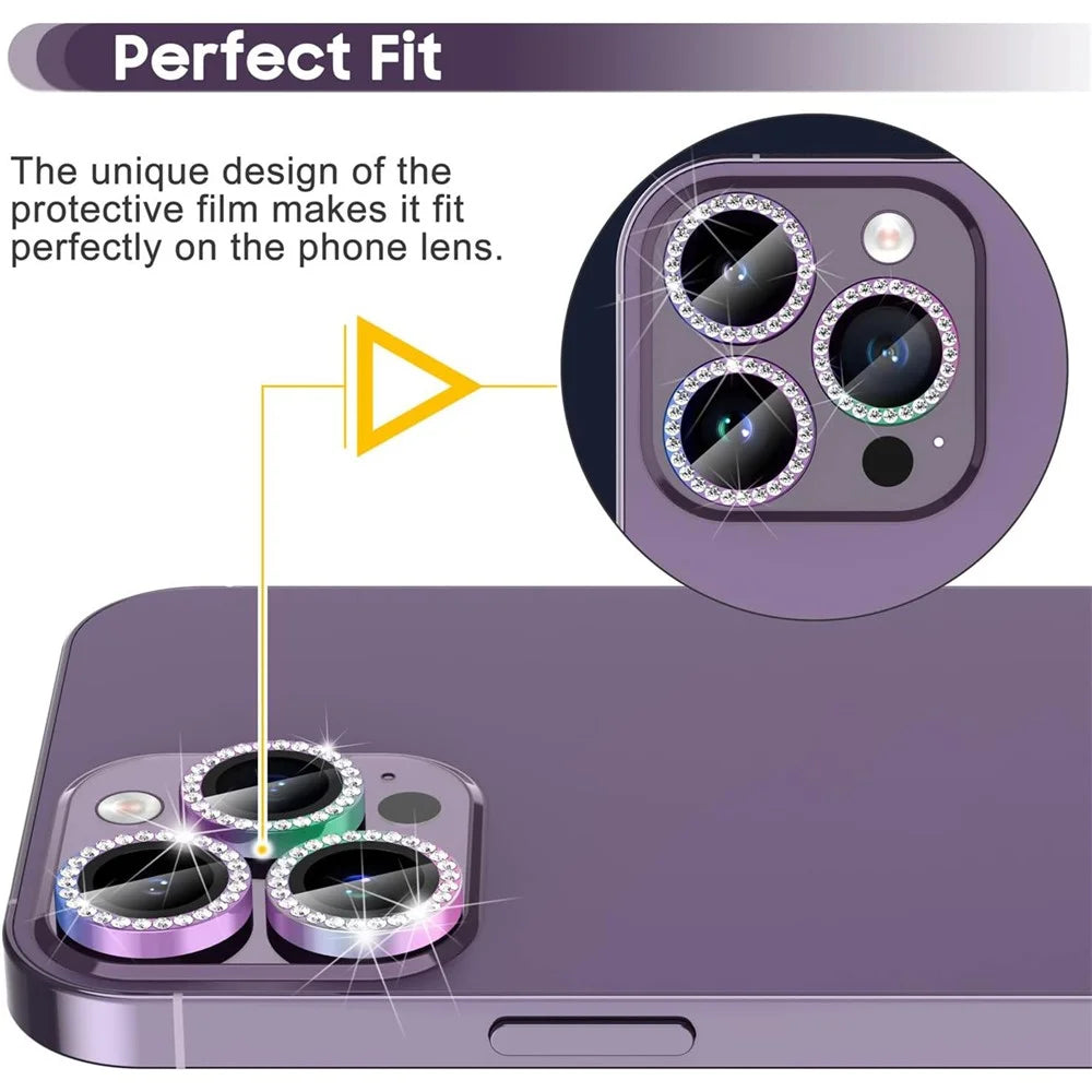 For iPhone 15 Pro / 15 Pro Max Rhinestone Camera Lens Protector Set Tempered Glass+Colorful Metal Ring Lens Film - 2