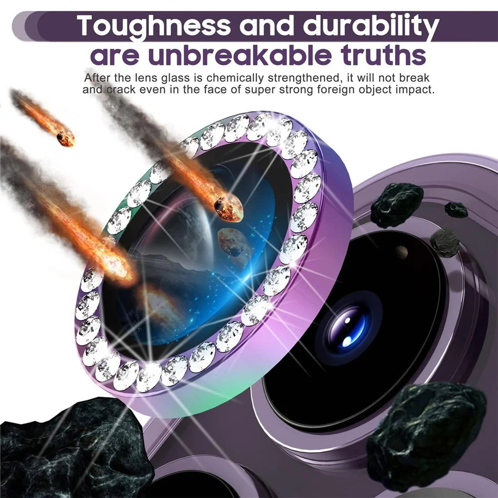 For iPhone 15 Pro / 15 Pro Max Rhinestone Camera Lens Protector Set Tempered Glass+Colorful Metal Ring Lens Film - 3