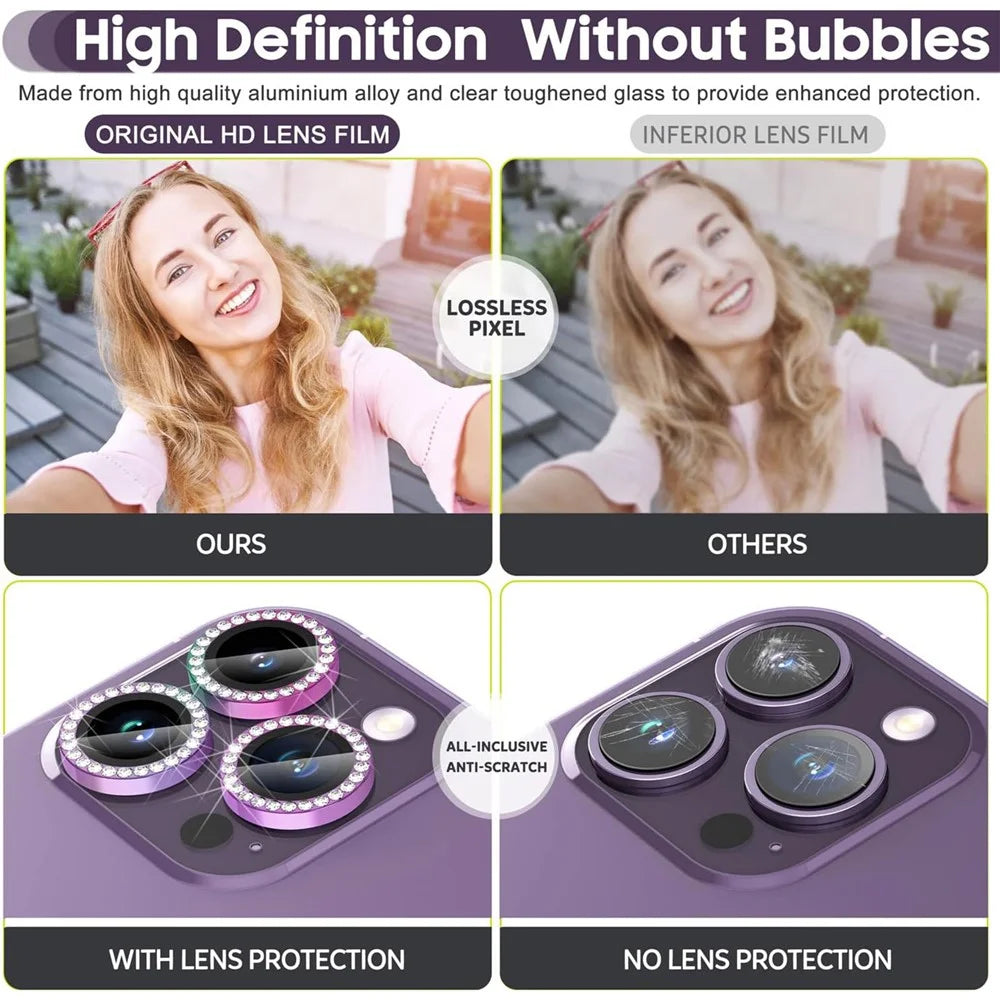 For iPhone 15 Pro / 15 Pro Max Rhinestone Camera Lens Protector Set Tempered Glass+Colorful Metal Ring Lens Film - 4