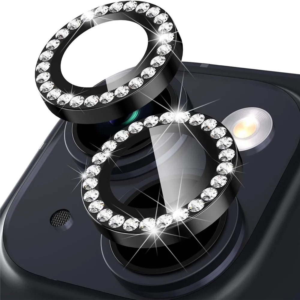 For iPhone 15 / 15 Plus Rhinestone Decor Camera Lens Protector Set Tempered Glass+Metal Ring Cover Lens Film - Black - 1