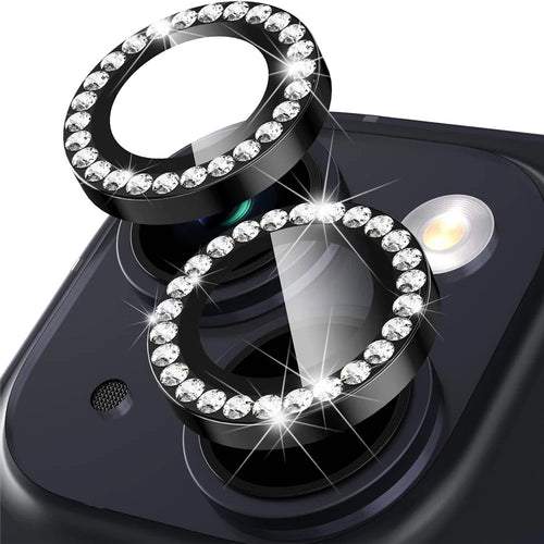 For iPhone 15 / 15 Plus Rhinestone Decor Camera Lens Protector Set Tempered Glass+Metal Ring Cover Lens Film - Black - 1