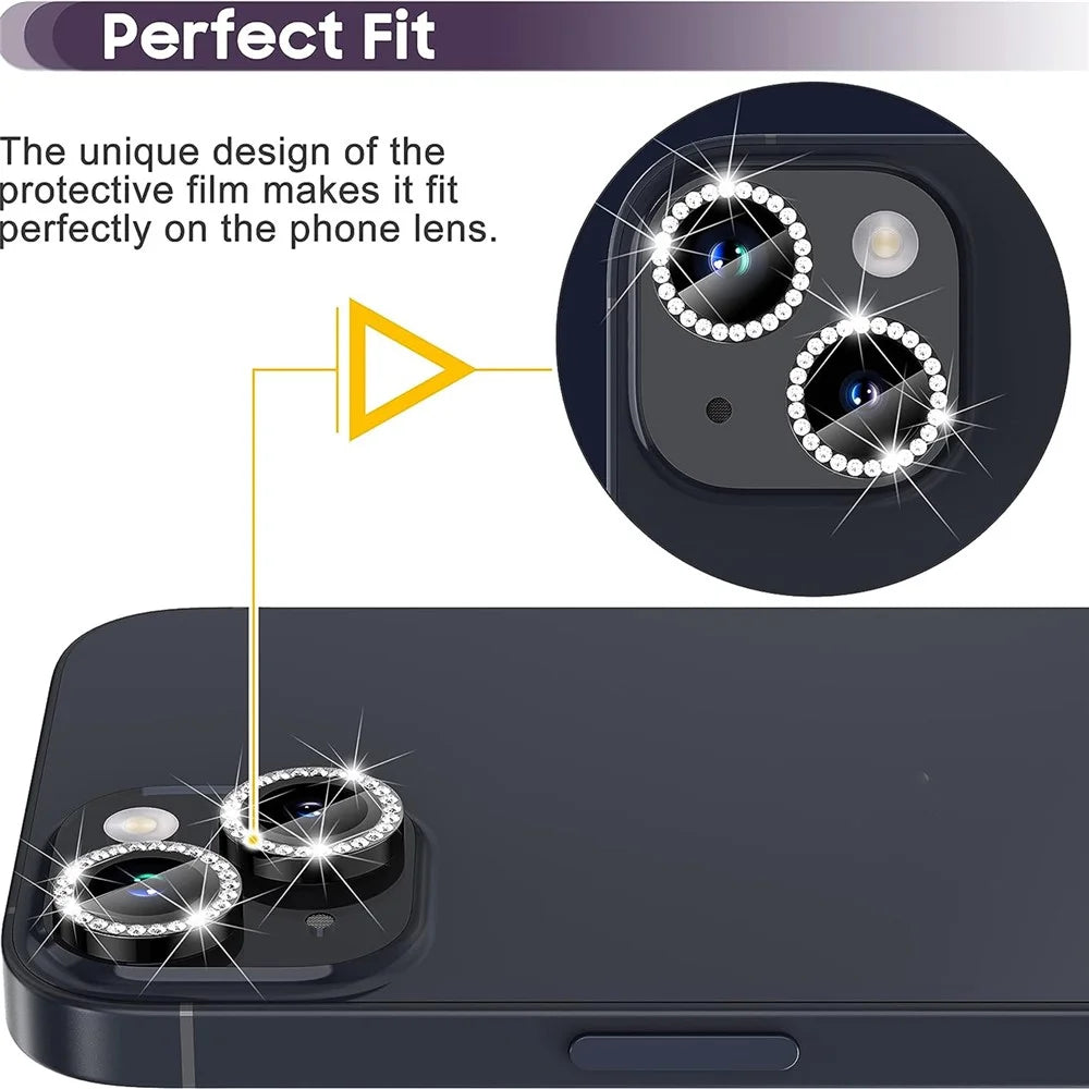For iPhone 15 / 15 Plus Rhinestone Decor Camera Lens Protector Set Tempered Glass+Metal Ring Cover Lens Film - Black - 2