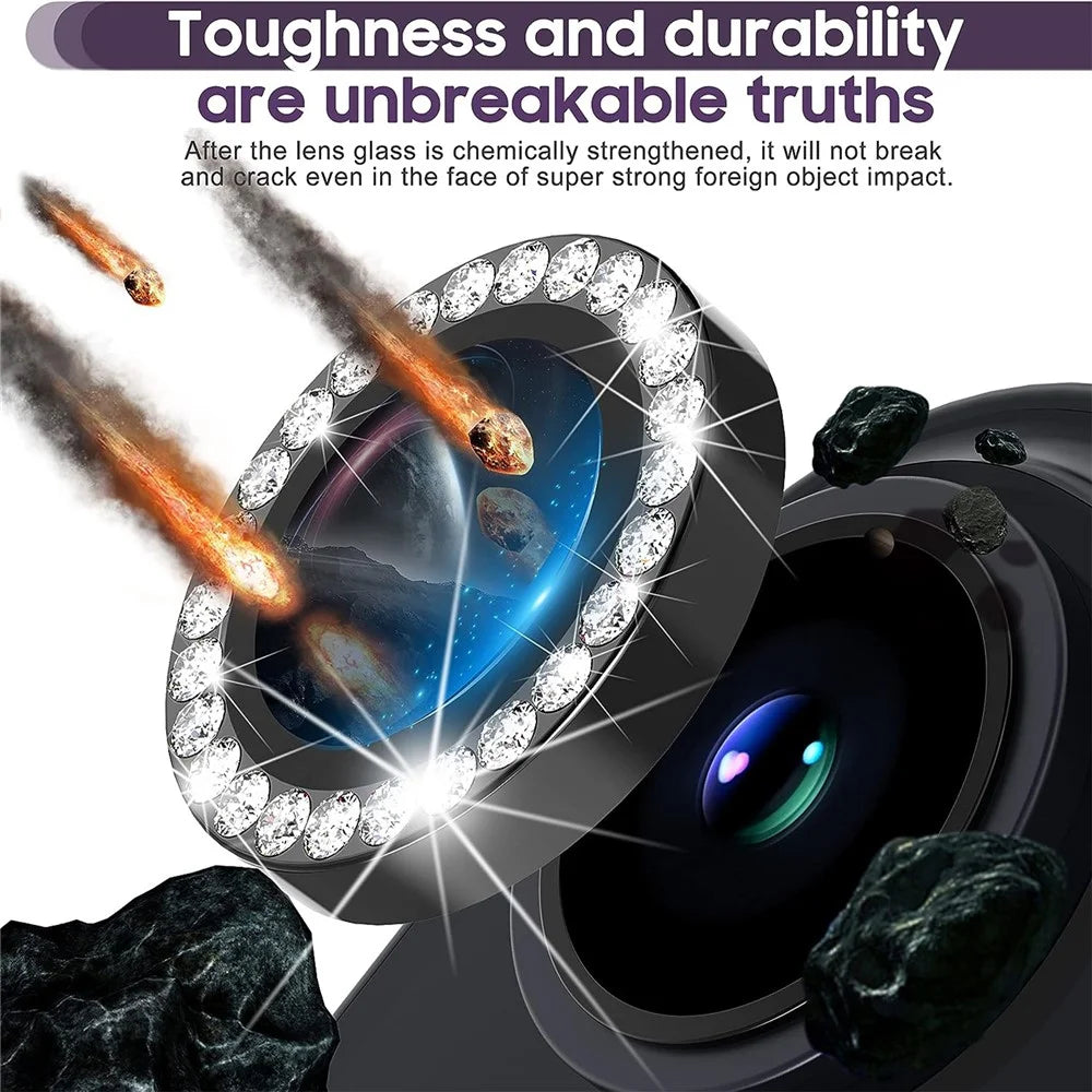 For iPhone 15 / 15 Plus Rhinestone Decor Camera Lens Protector Set Tempered Glass+Metal Ring Cover Lens Film - Black - 4