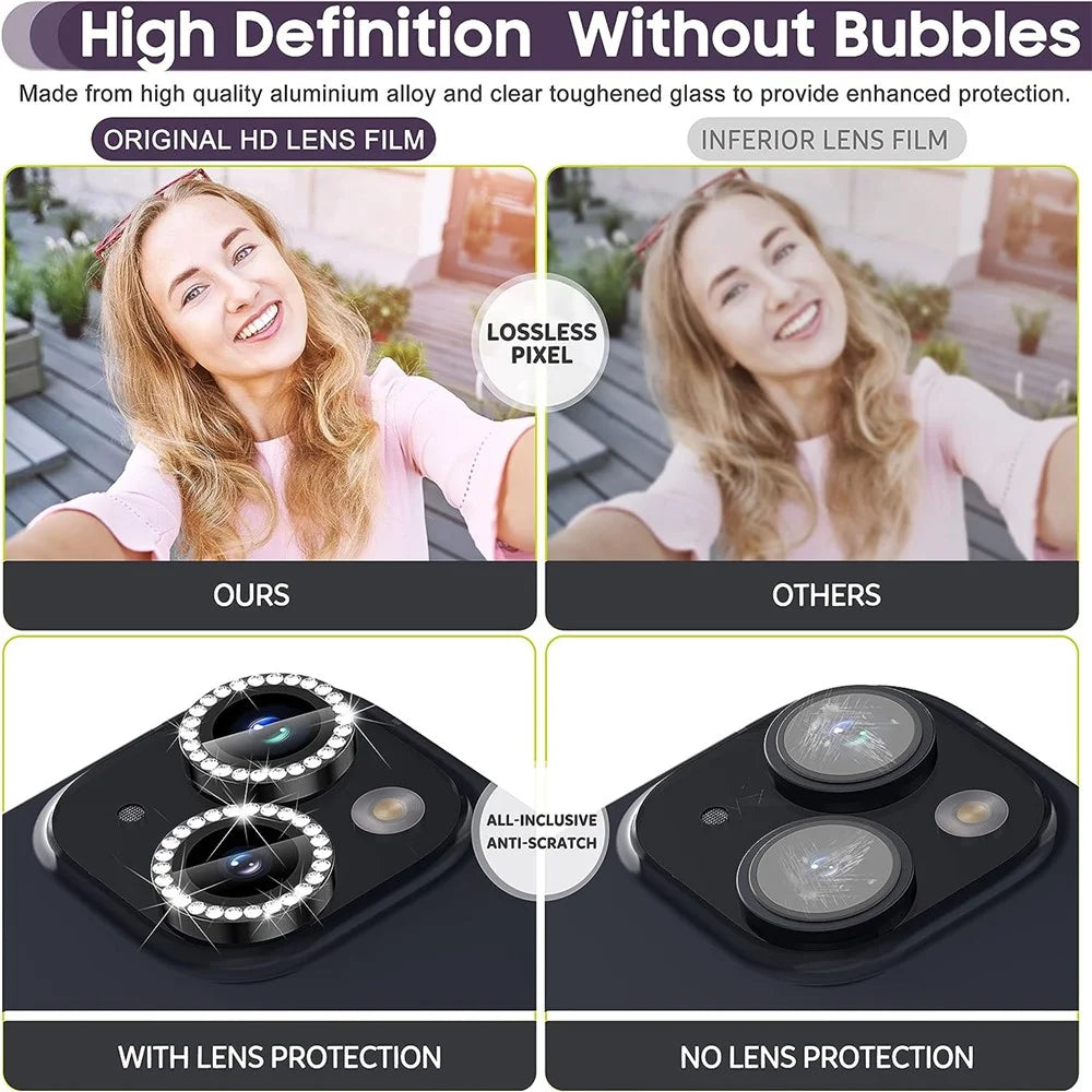 For iPhone 15 / 15 Plus Rhinestone Decor Camera Lens Protector Set Tempered Glass+Metal Ring Cover Lens Film - Black - 5