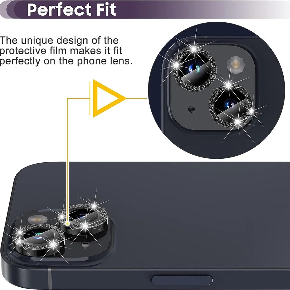 For iPhone 15 / 15 Plus Camera Lens Protector Set Glitter Metal Ring Tempered Glass Back Lens Film - Black - 3