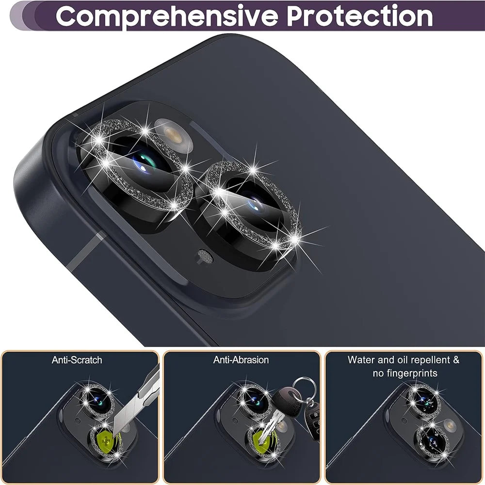 For iPhone 15 / 15 Plus Camera Lens Protector Set Glitter Metal Ring Tempered Glass Back Lens Film - Black - 4