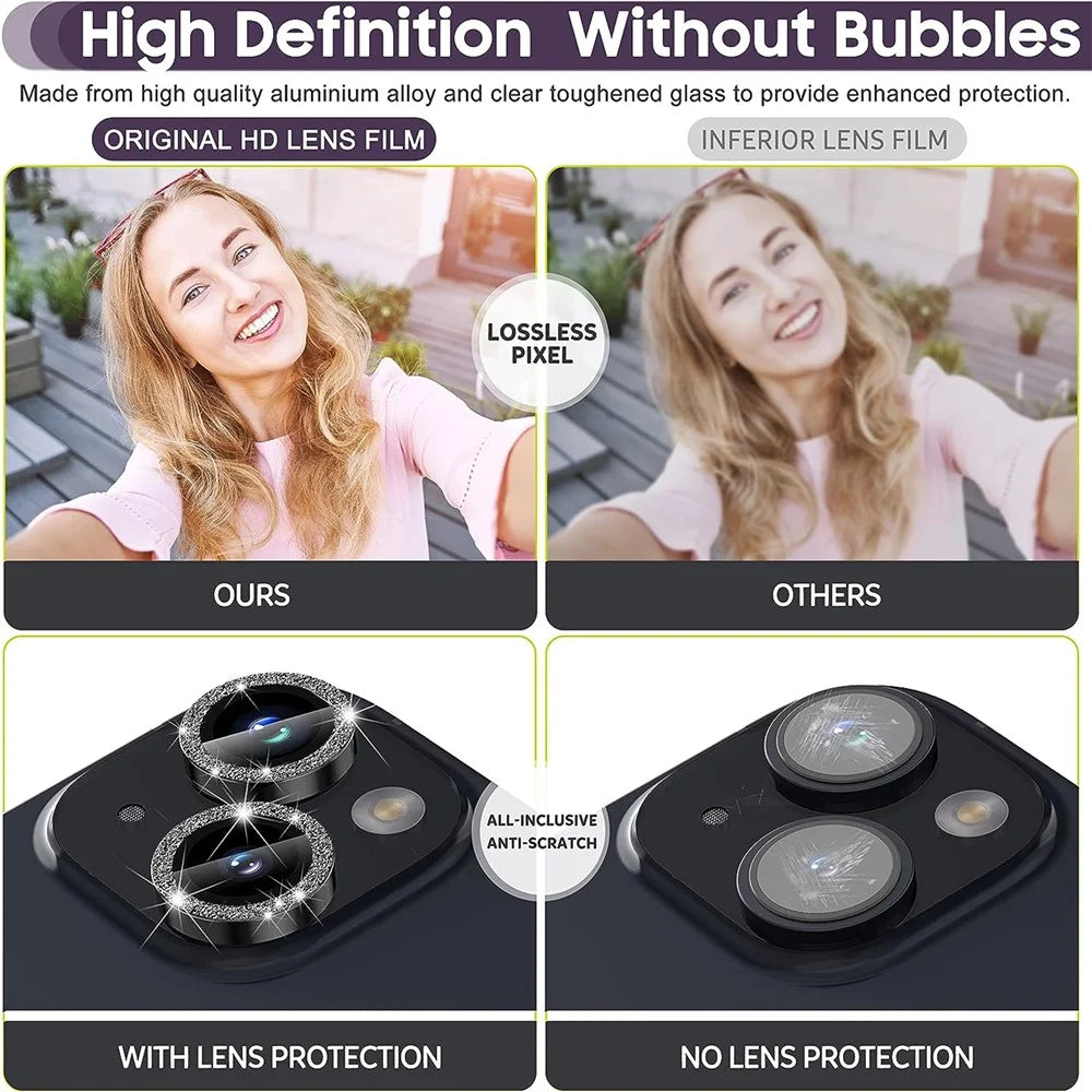 For iPhone 15 / 15 Plus Camera Lens Protector Set Glitter Metal Ring Tempered Glass Back Lens Film - Black - 6