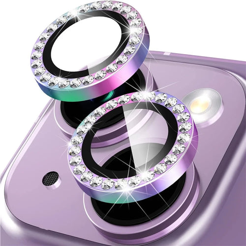 For iPhone 15 / 15 Plus Bling Rhinestone Camera Lens Protector Set Colorful Metal Ring Tempered Glass Lens Film - 1