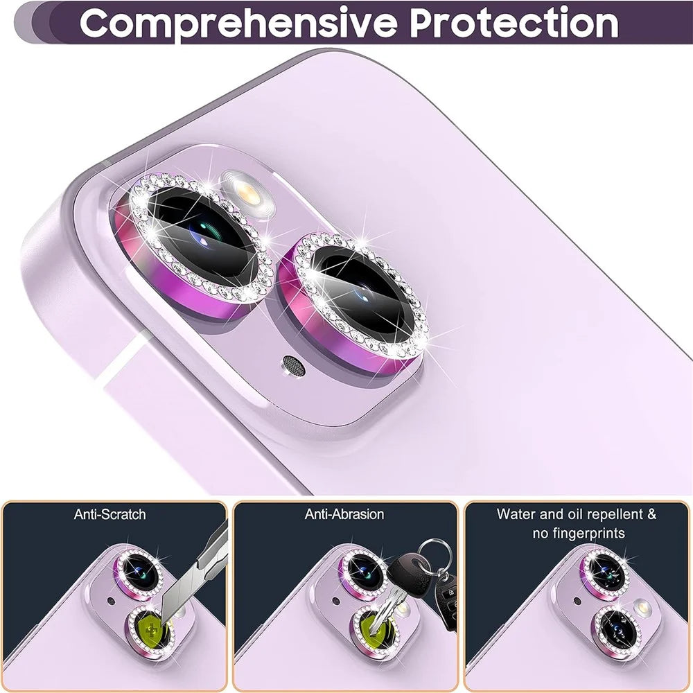 For iPhone 15 / 15 Plus Bling Rhinestone Camera Lens Protector Set Colorful Metal Ring Tempered Glass Lens Film - 2