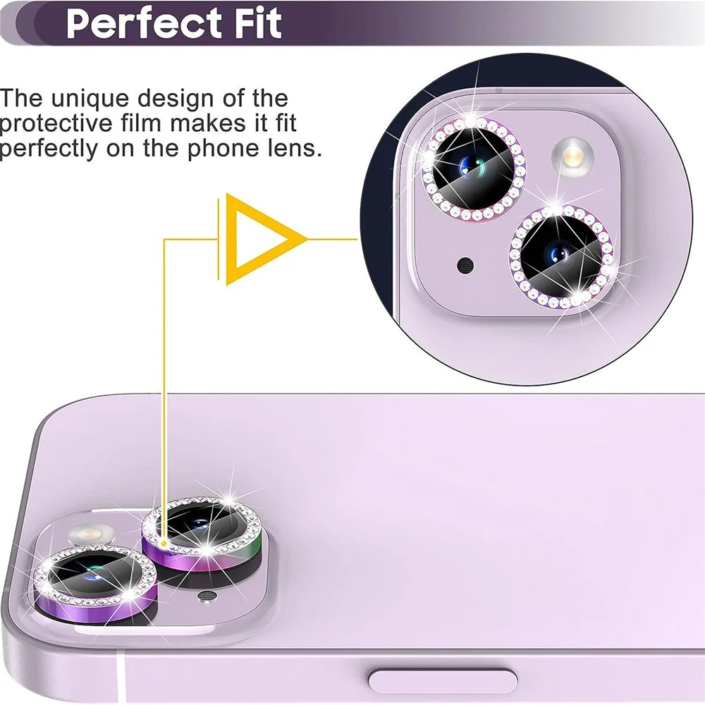 For iPhone 15 / 15 Plus Bling Rhinestone Camera Lens Protector Set Colorful Metal Ring Tempered Glass Lens Film - 3