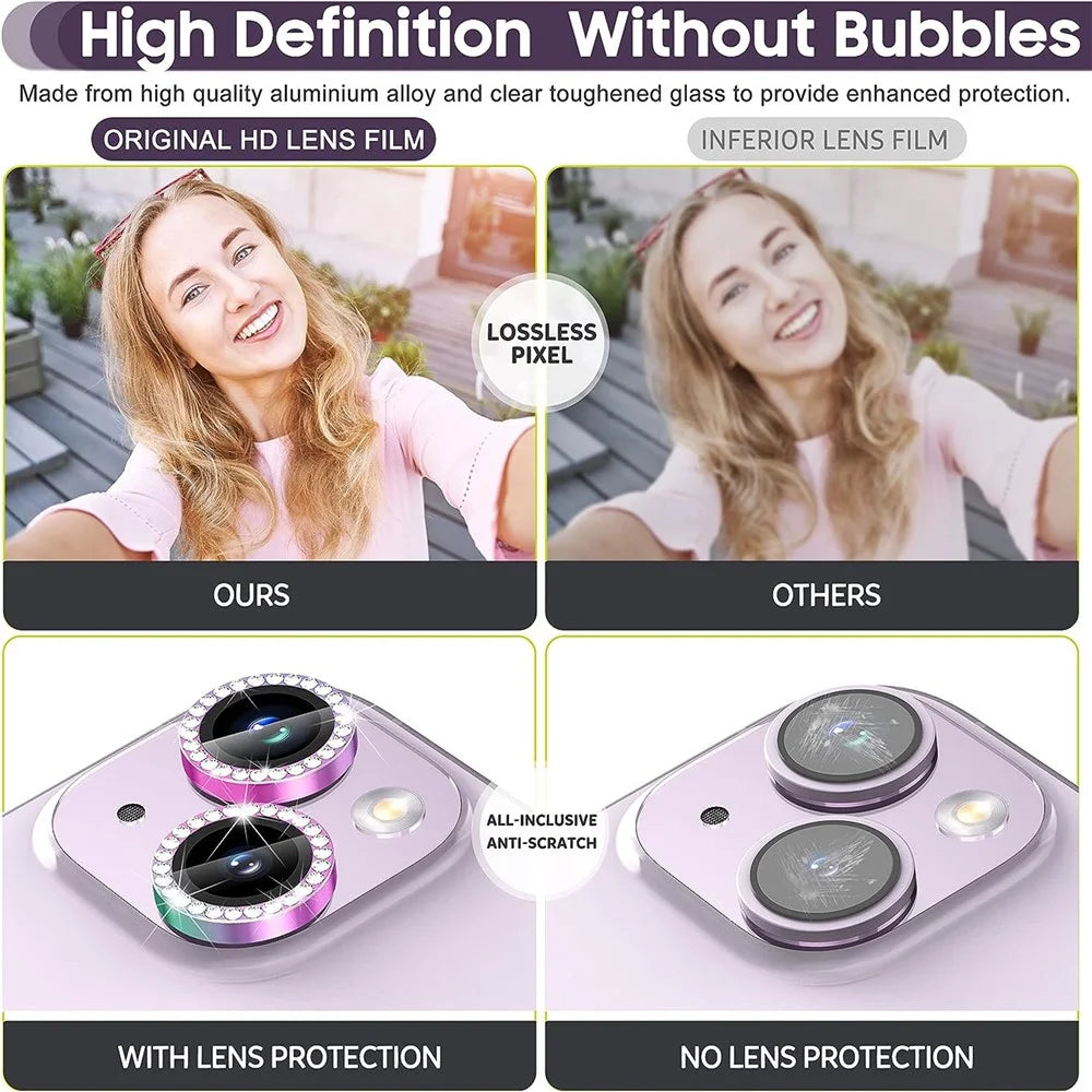 For iPhone 15 / 15 Plus Bling Rhinestone Camera Lens Protector Set Colorful Metal Ring Tempered Glass Lens Film - 4