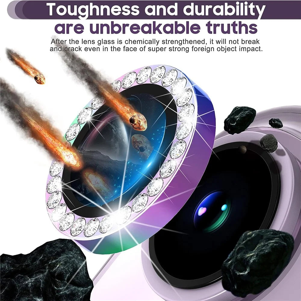 For iPhone 15 / 15 Plus Bling Rhinestone Camera Lens Protector Set Colorful Metal Ring Tempered Glass Lens Film - 5