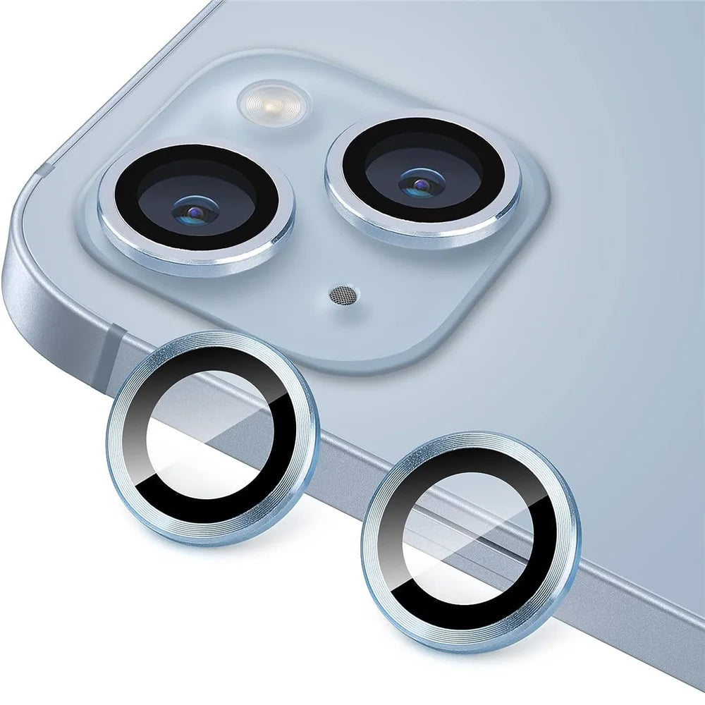 For iPhone 14 / 14 Plus 1 Set Camera Lens Film Tempered Glass CD Vein Metal Ring Rear Lens Protector - Blue - 1