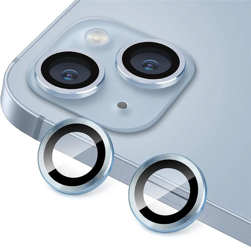 For iPhone 14 / 14 Plus 1 Set Camera Lens Film Tempered Glass CD Vein Metal Ring Rear Lens Protector - Blue - 1
