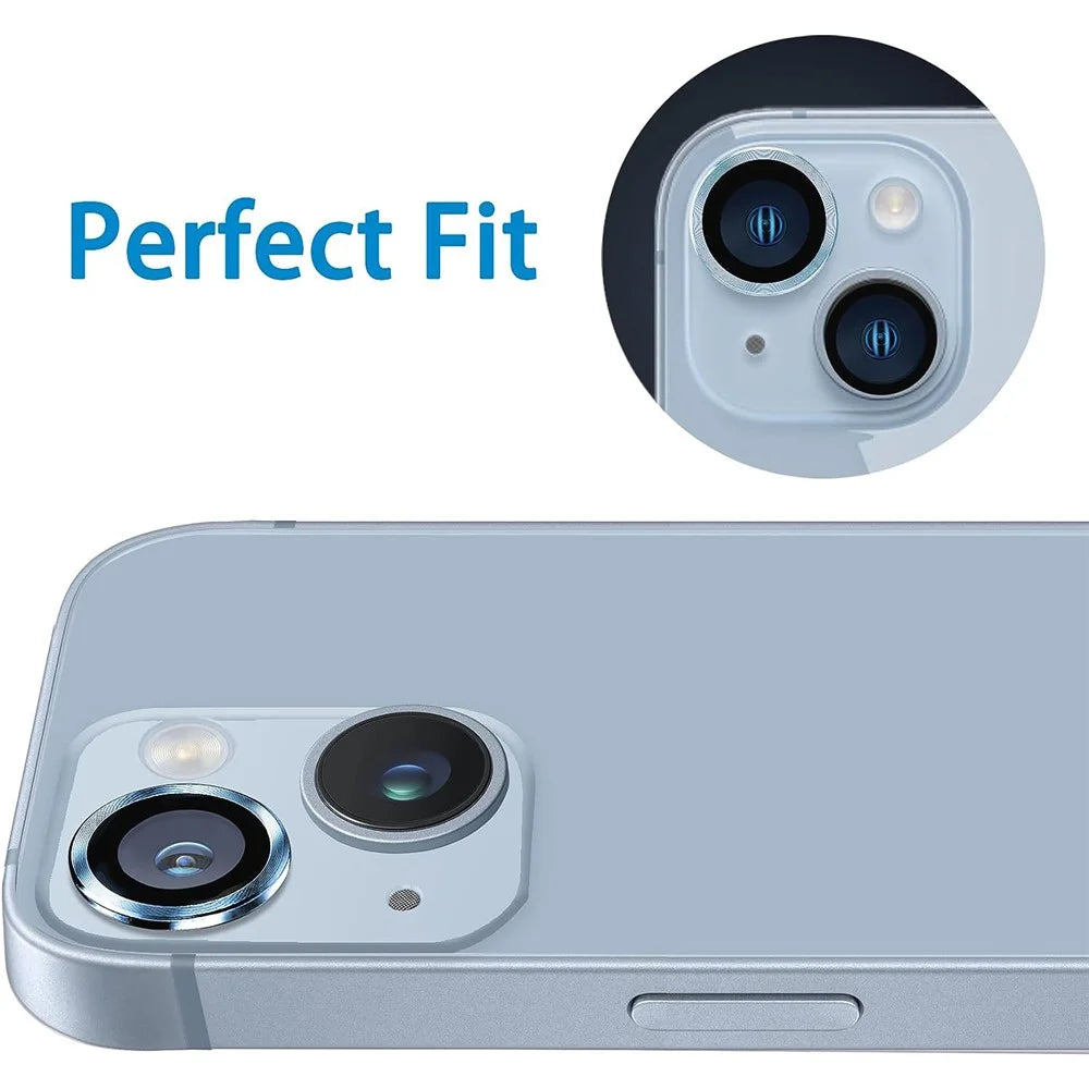 For iPhone 14 / 14 Plus 1 Set Camera Lens Film Tempered Glass CD Vein Metal Ring Rear Lens Protector - Blue - 2