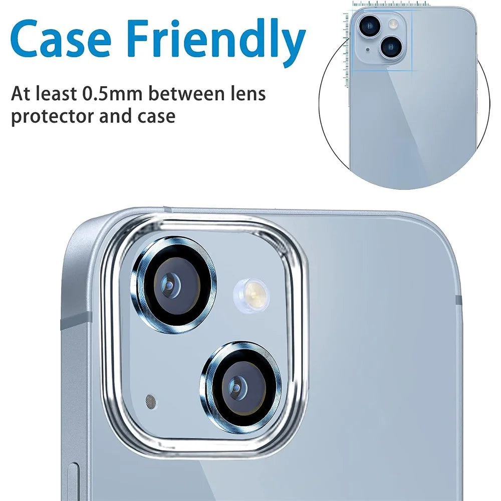 For iPhone 14 / 14 Plus 1 Set Camera Lens Film Tempered Glass CD Vein Metal Ring Rear Lens Protector - Blue - 3