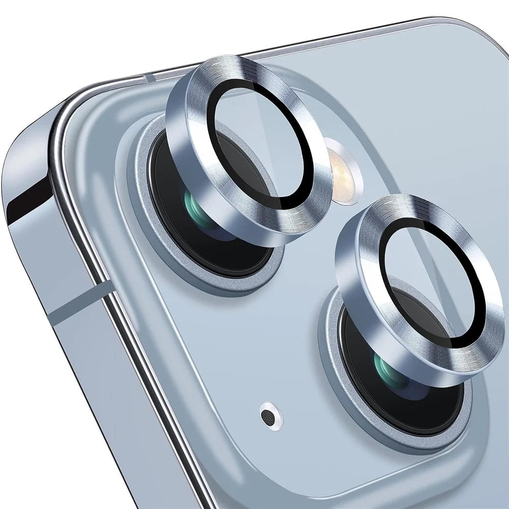 For iPhone 14 / 14 Plus 1 Set Camera Lens Film Tempered Glass CD Vein Metal Ring Rear Lens Protector - Blue - 4