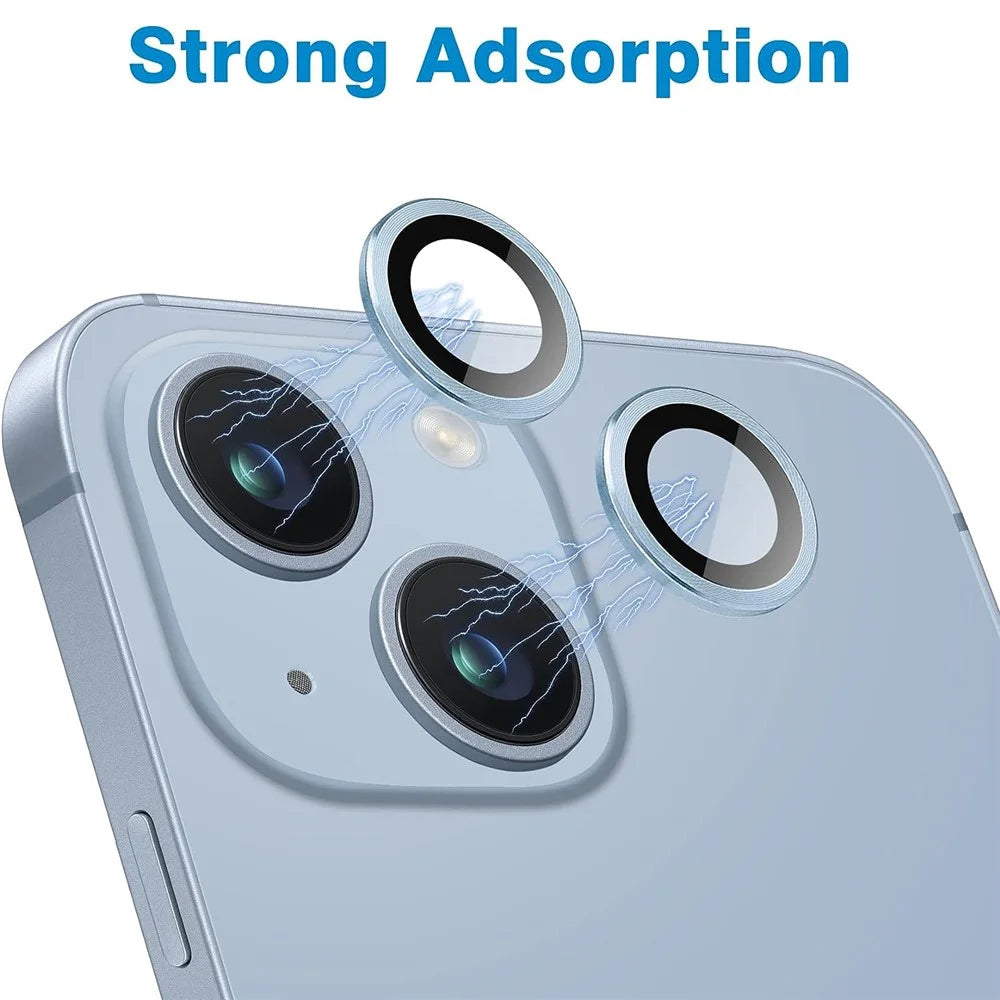 For iPhone 14 / 14 Plus 1 Set Camera Lens Film Tempered Glass CD Vein Metal Ring Rear Lens Protector - Blue - 6