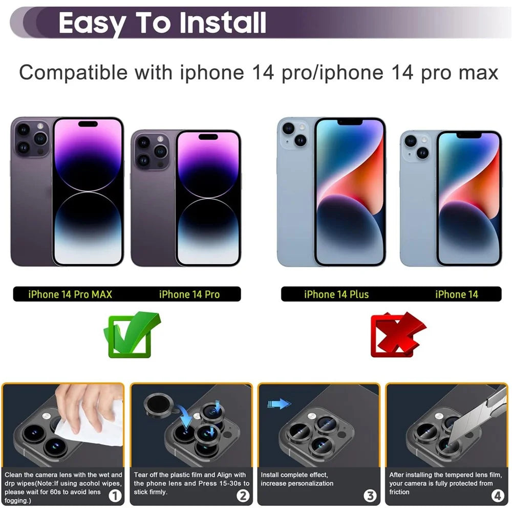 For iPhone 14 Pro / 14 Pro Max 1 Set Camera Lens Protector Tempered Glass + Metal Ring CD Vein Lens Film - Black - 7