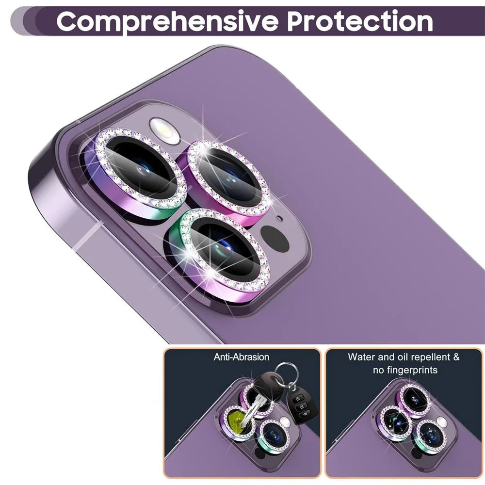 For iPhone 14 Pro / 14 Pro Max 1 Set Camera Lens Protector Tempered Glass Colorful Rhinestone Metal Ring Lens Film - 3