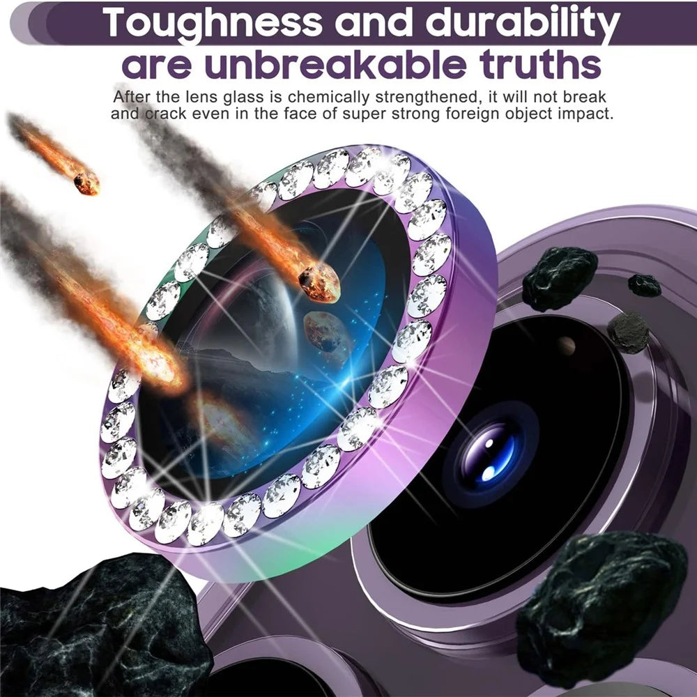 For iPhone 14 Pro / 14 Pro Max 1 Set Camera Lens Protector Tempered Glass Colorful Rhinestone Metal Ring Lens Film - 4