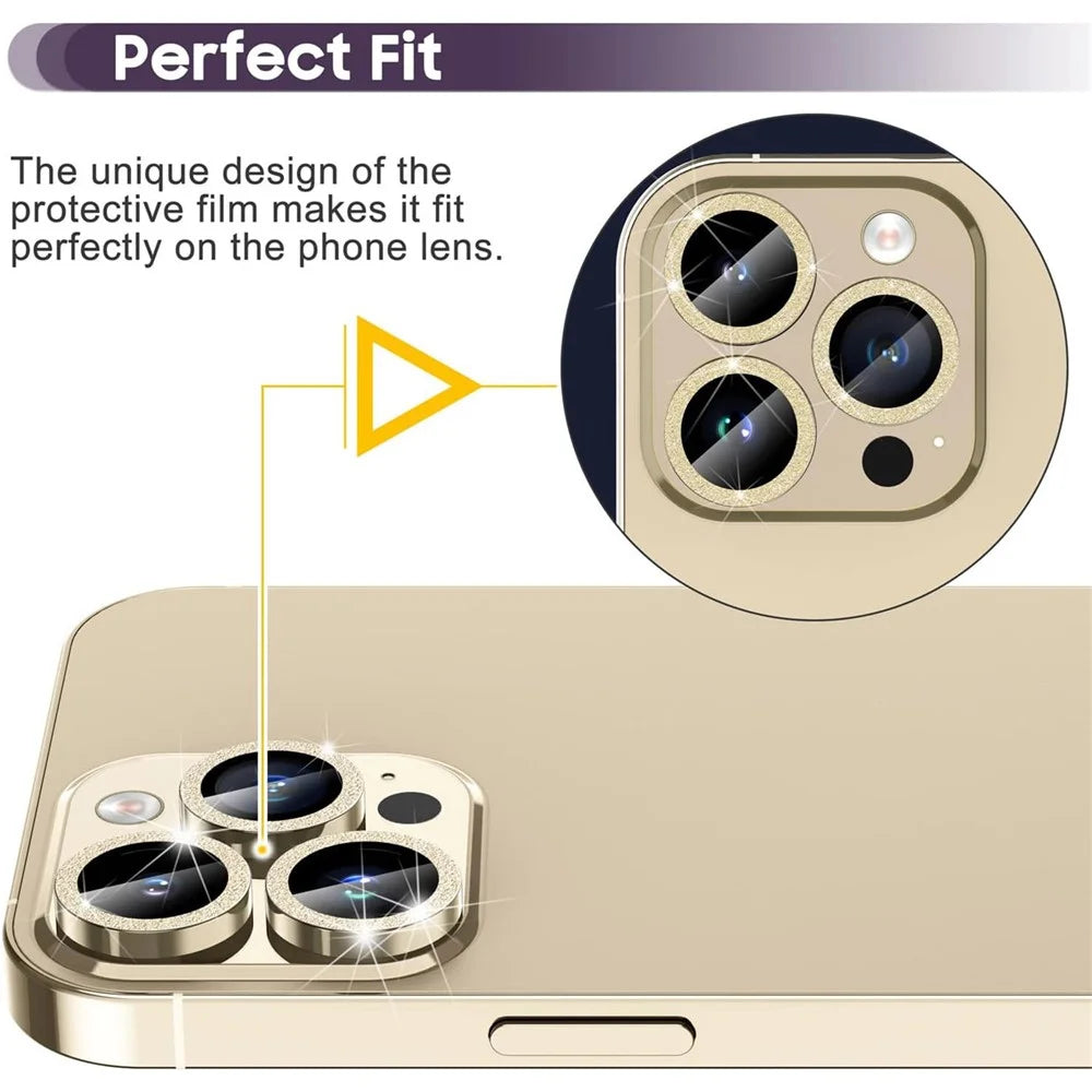 For iPhone 14 Pro / 14 Pro Max 1 Set Camera Lens Protector Metal Ring+Tempered Glass Glitter Rear Lens Film - Gold - 2