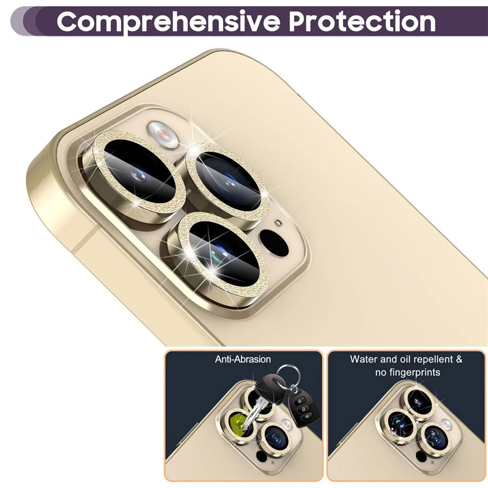 For iPhone 14 Pro / 14 Pro Max 1 Set Camera Lens Protector Metal Ring+Tempered Glass Glitter Rear Lens Film - Gold - 4