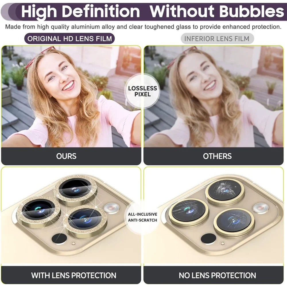 For iPhone 14 Pro / 14 Pro Max 1 Set Camera Lens Protector Metal Ring+Tempered Glass Glitter Rear Lens Film - Gold - 6