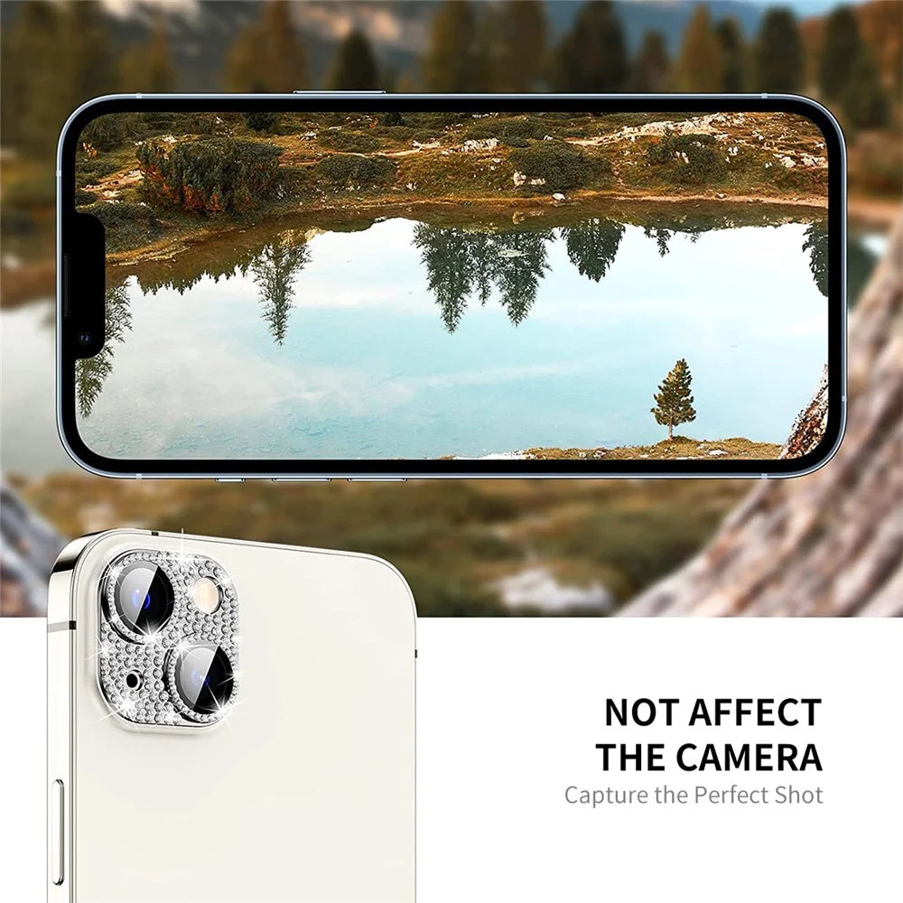 ENKAY HAT PRINCE For iPhone 15 / 15 Plus Bling Lens Film Rhinestone Decor Aluminum Alloy+Tempered Glass Camera Cover Protector - Silver - 4