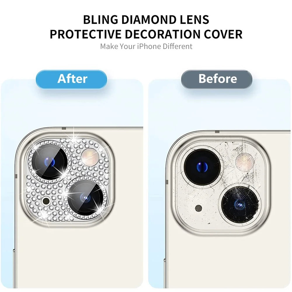 ENKAY HAT PRINCE For iPhone 15 / 15 Plus Bling Lens Film Rhinestone Decor Aluminum Alloy+Tempered Glass Camera Cover Protector - Silver - 5