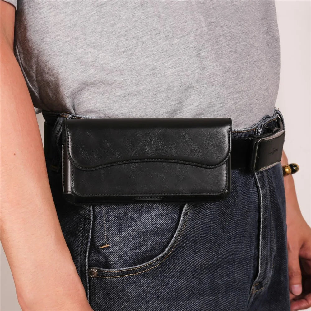 Magnetic Closure Belt Bag for 7.2 inch Phone Anti-Scratch PU Leather Waist Phone Pouch - Black - 7