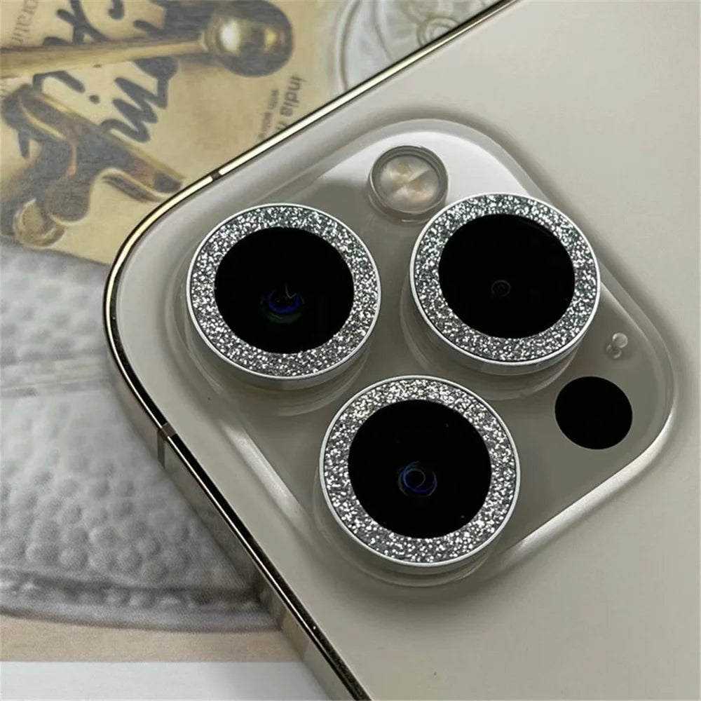For iPhone 15 Pro / 15 Pro Max 1 Set Camera Lens Film Tempered Glass Lens Protector with Glitter Powder Ring - Silver - 2