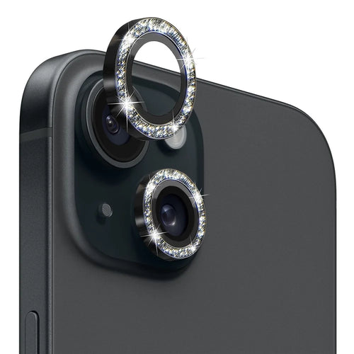 NORTHJO 1 Set For iPhone 15 / 15 Plus Glitter Camera Lens Protector Tempered Glass+Metal Ring Cover Film - Black - 1
