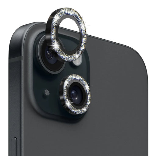 NORTHJO 1 Set For iPhone 15 / 15 Plus Glitter Camera Lens Protector Tempered Glass+Metal Ring Cover Film - Black - 1