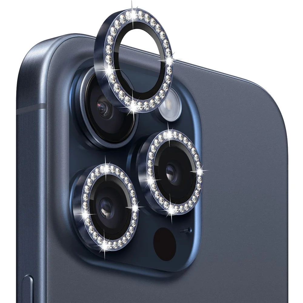 NORTHJO 1 Set For iPhone 15 Pro / 15 Pro Max Camera Lens Protector Tempered Glass + Metal Rhinestone Camera Ring Film - Blue - 1