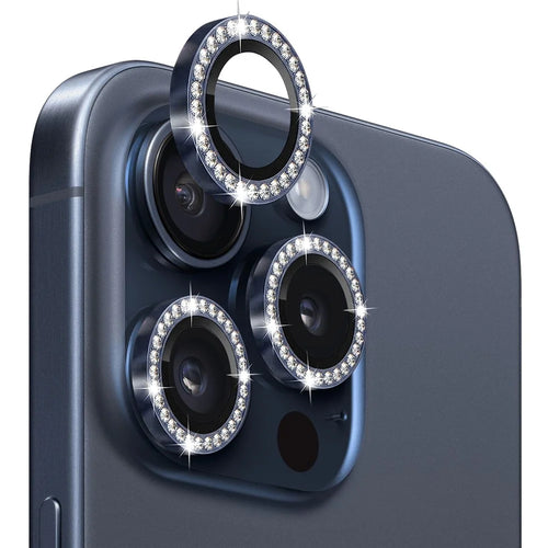 NORTHJO 1 Set For iPhone 15 Pro / 15 Pro Max Camera Lens Protector Tempered Glass + Metal Rhinestone Camera Ring Film - Blue - 1