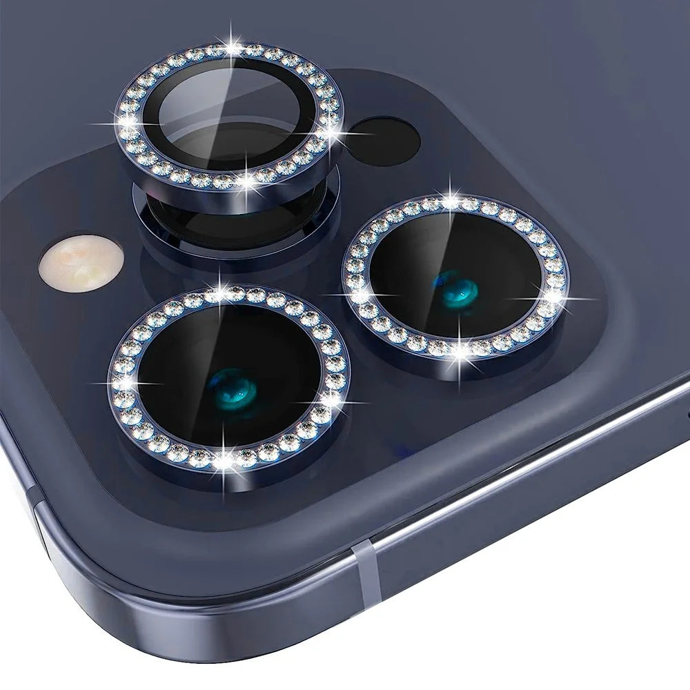 NORTHJO 1 Set For iPhone 15 Pro / 15 Pro Max Camera Lens Protector Tempered Glass + Metal Rhinestone Camera Ring Film - Blue - 2