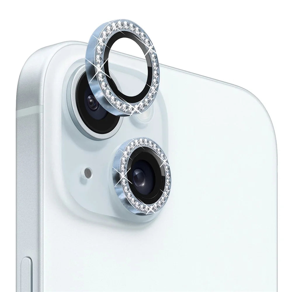 NORTHJO 1 Set For iPhone 15 / 15 Plus Rhinestone Lens Protector Tempered Glass + Metal Rear Camera Lens Film - Blue - 1