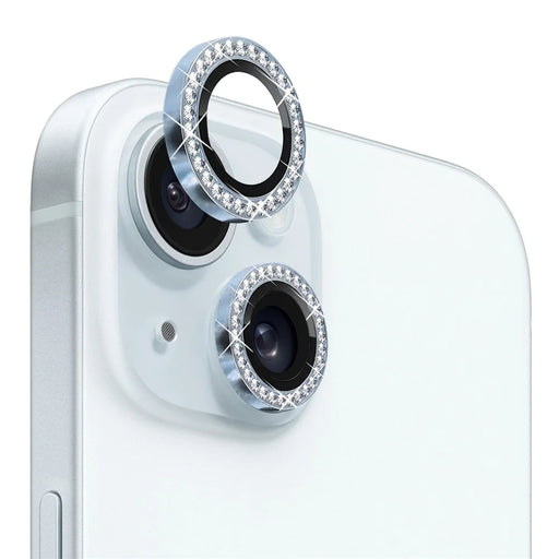 NORTHJO 1 Set For iPhone 15 / 15 Plus Rhinestone Lens Protector Tempered Glass + Metal Rear Camera Lens Film - Blue - 1