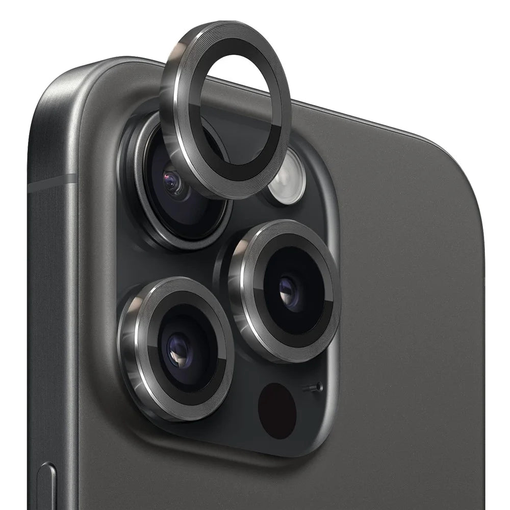 NORTHJO 1 Set For iPhone 15 Pro / 15 Pro Max Camera Lens Film CD Vein Metal Ring + Tempered Glass Lens Film - Black - 1
