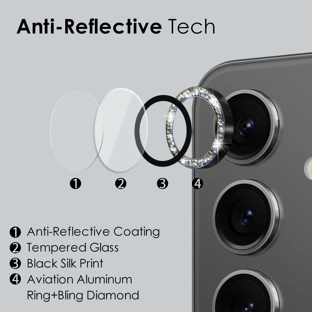 NORTHJO 1 Set For Samsung Galaxy S24 Glitter Scratch-proof Camera Lens Protector Tempered Glass+Metal Individual Ring Cover Film - Black - 3
