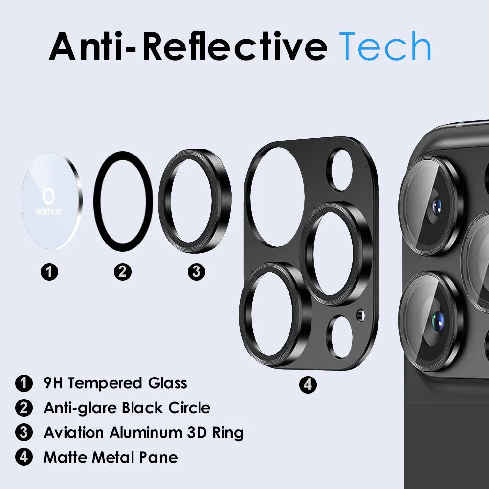 NORTHJO For iPhone 15 Pro / 15 Pro Max Camera Lens Protector Matte Metal + Tempered Glass Integrated Lens Film - Black - 3
